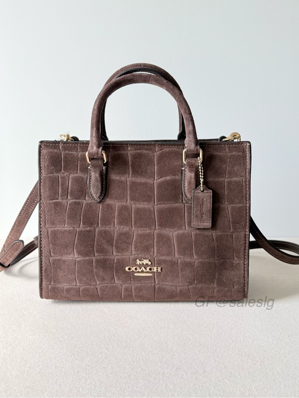 NWT Coach Maggie Small Tote Crossbody Maple Brown Crocodile-embossed suede CCC71